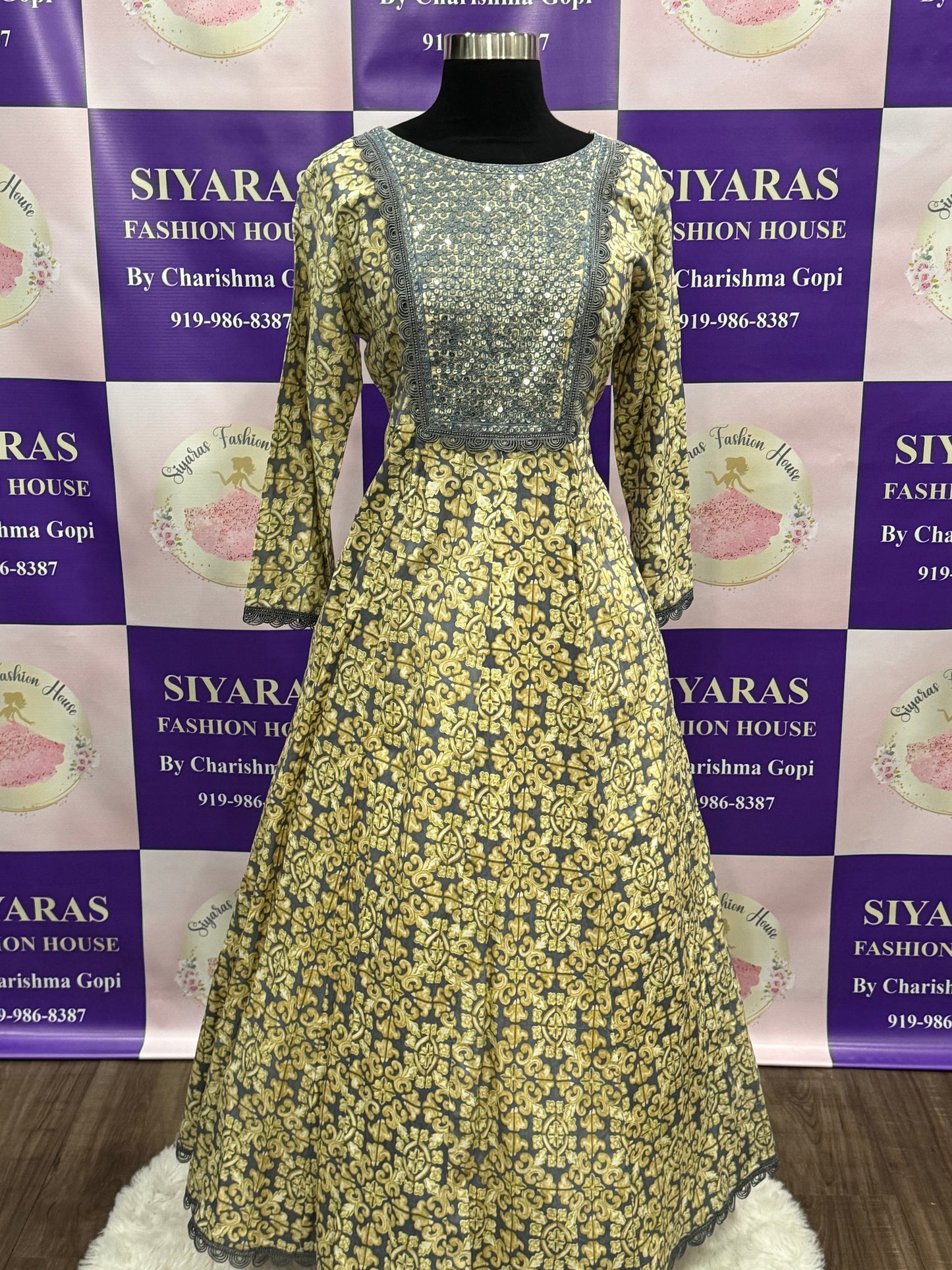 Chic long frock Comfortable summer maxi with print embroidery and sequence in yoke Ready to ship USA size 42 in