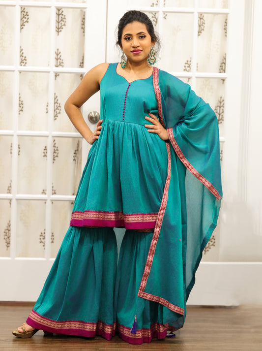 Exquisite Naryanpet Sharara Set Handcrafted Ethnic Elegance in peackcok blue and raspberry border combo ready to ship free size 36 38 40