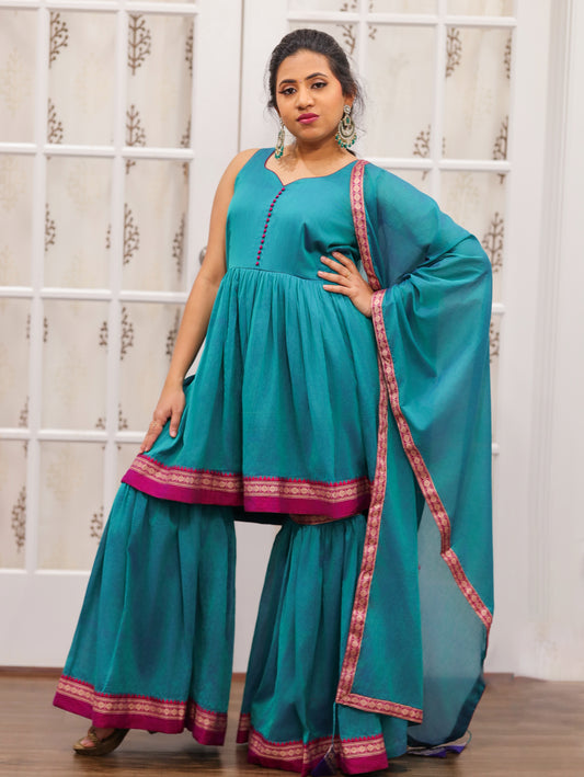 Exquisite Naryanpet Sharara Set Handcrafted Ethnic Elegance in peackcok blue and raspberry border combo ready to ship free size 36 38 40