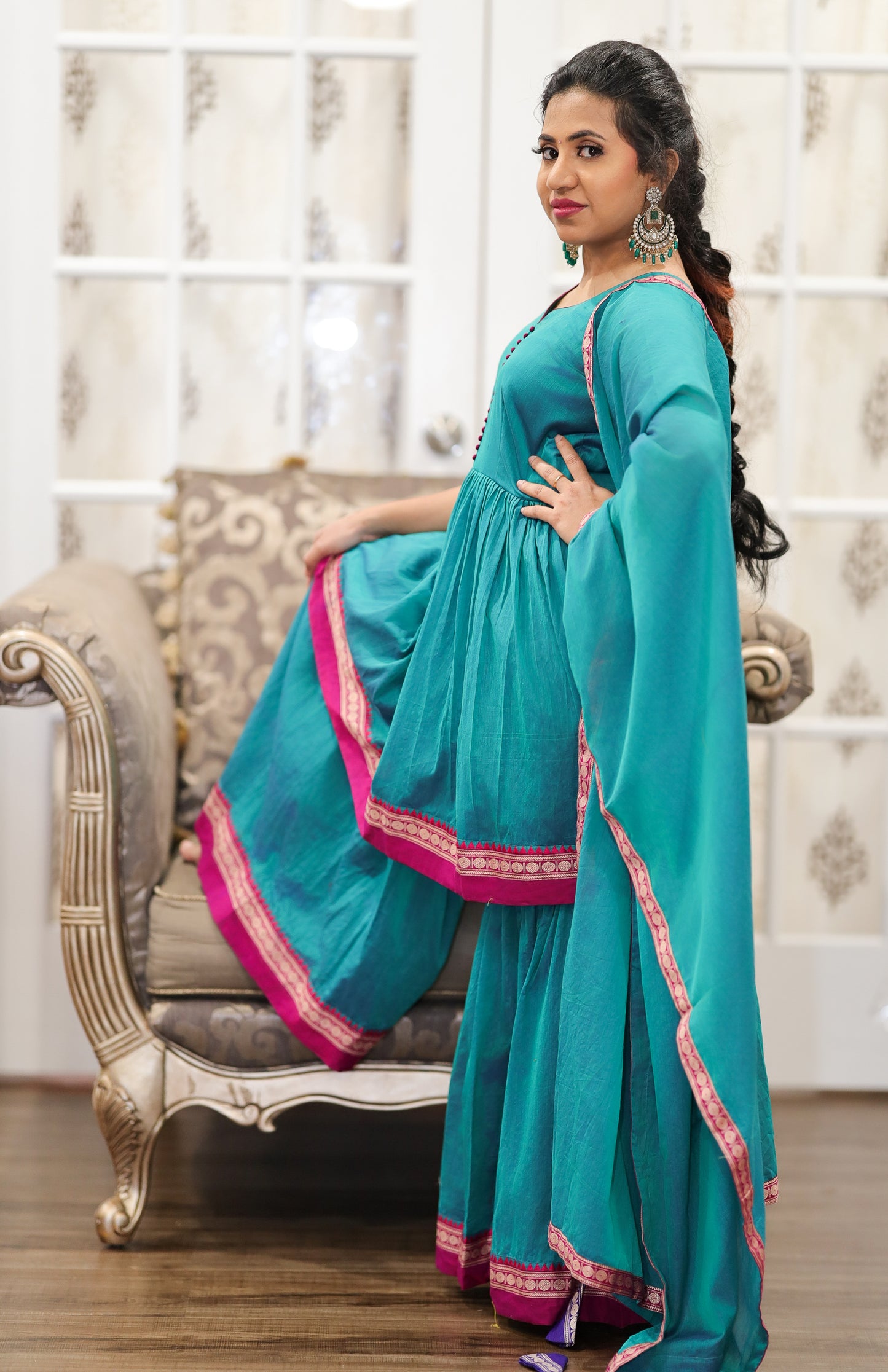 Exquisite Naryanpet Sharara Set Handcrafted Ethnic Elegance in peackcok blue and raspberry border combo ready to ship free size 36 38 40