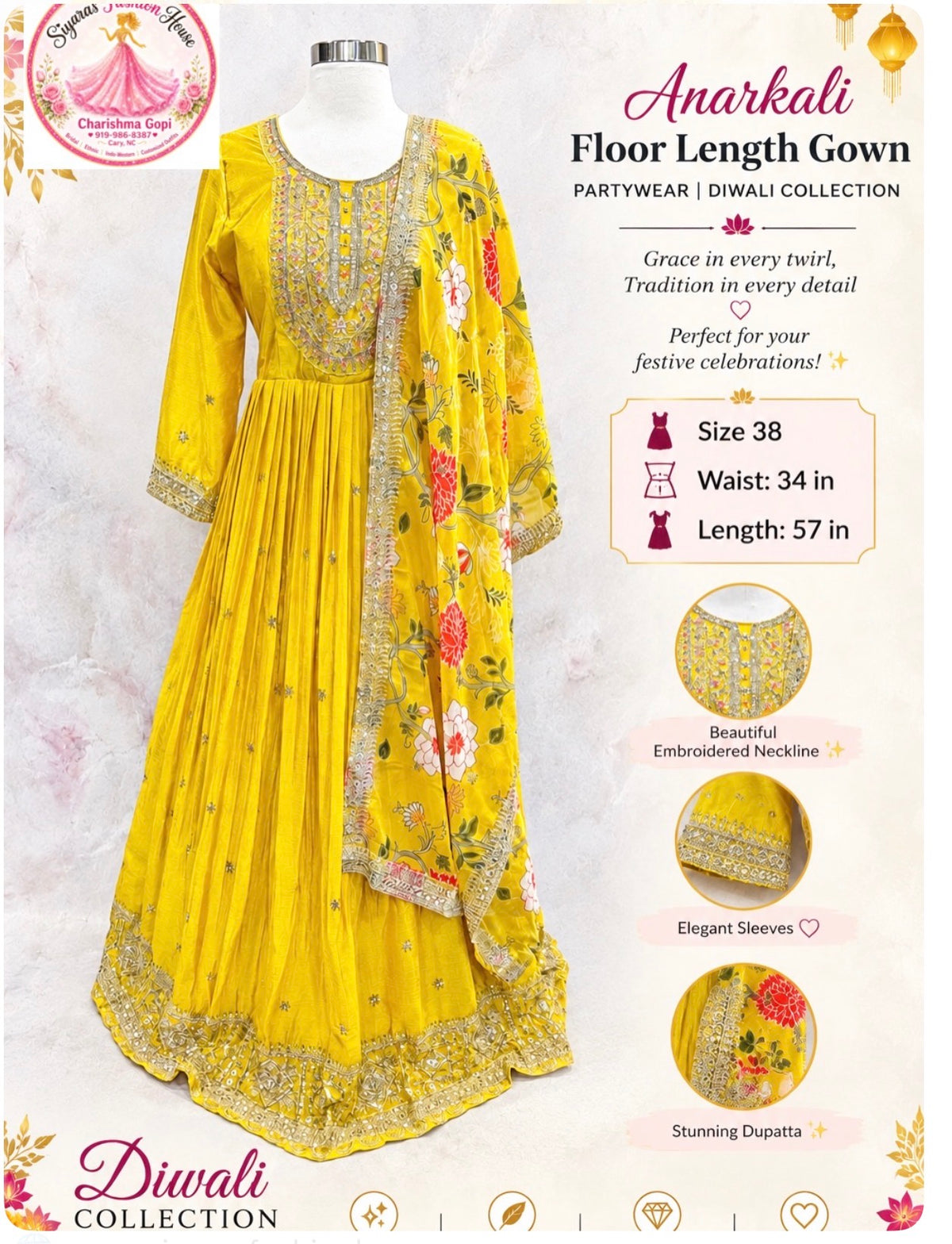 💛✨ Celebrate Diwali in Timeless Elegance! ✨💛🌼 Introducing our gorgeous Yellow Anarkali Floor-Length Gown from the Diwali Partywear Collection 🪔💖💫 Beautifully embellished neckline🌟 Elegant embroidery on sleeves and hem🌺 Stunning floral dupatta
