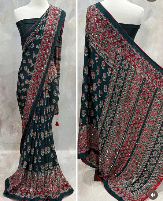 Gorgeous Ajrakh Silk Sarees with Mirror Work Deep Teal Green saree only. Blouse piece unstitched. We offer stitching services extra cost