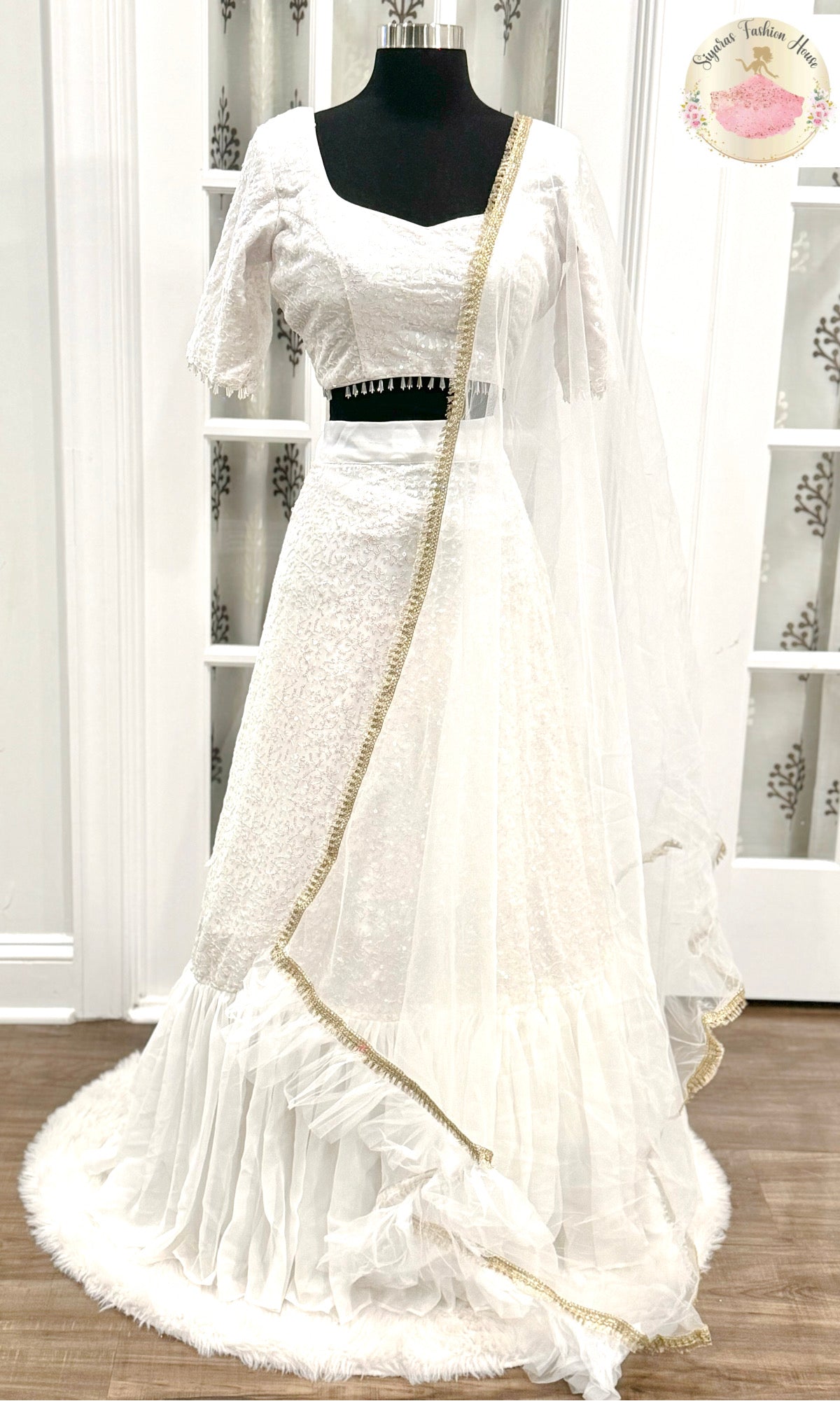 White Party Wear Ruffle style Resham sequence Embroidered Lehenga In Georgette fabric fully stitched Grand partywear lehanga