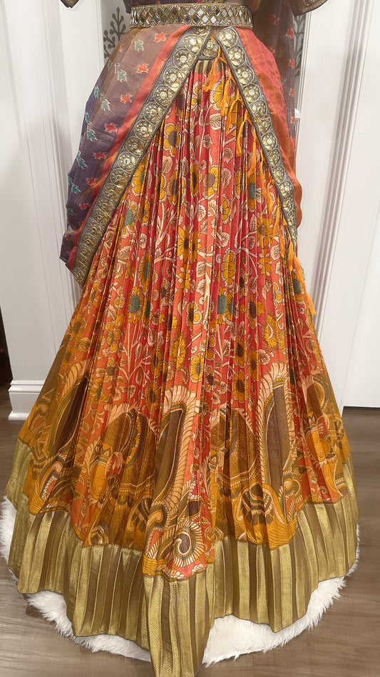 Exquisite Pure Silk Kalamkari Digital Print Pattu Half Saree/Langa Voni with Maggam Work Blouse and Matching Silk Dupatta - Fits up to 42 (Plus Margin)