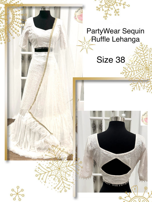 White Party Wear Ruffle style Resham sequence Embroidered Lehenga In Georgette fabric fully stitched Grand partywear lehanga
