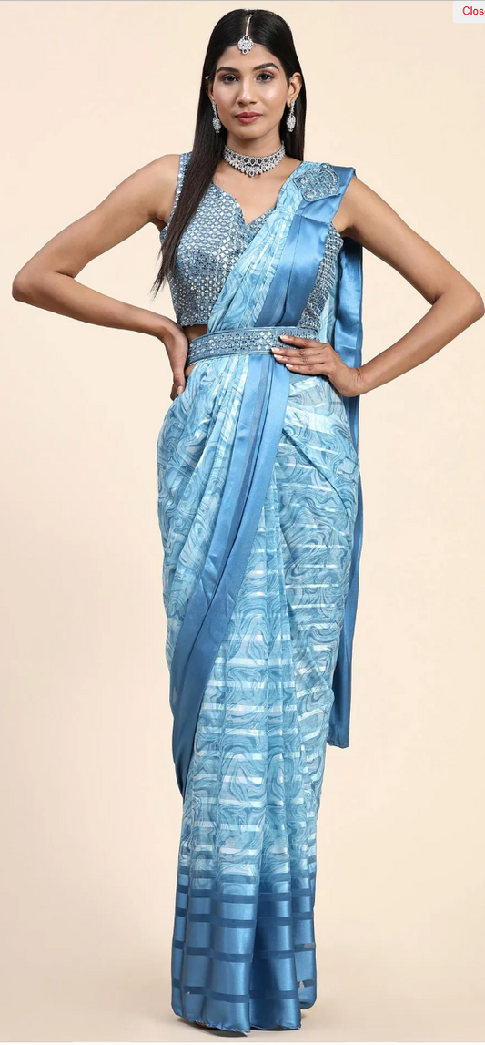 Blue Color Ready to wear Saree in Satin Silk with Printed Sequence Ready Blouse Easy to wear prepleated saree for Party/Wedding. Size 36/38.