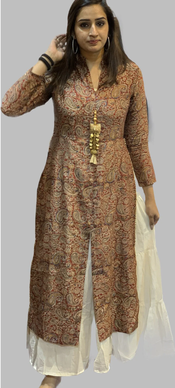 Designer Kalamkari Kurta with Long Inner gown in pure cotton for a smart look this summer Partywear dress and very soft and breezy in touch