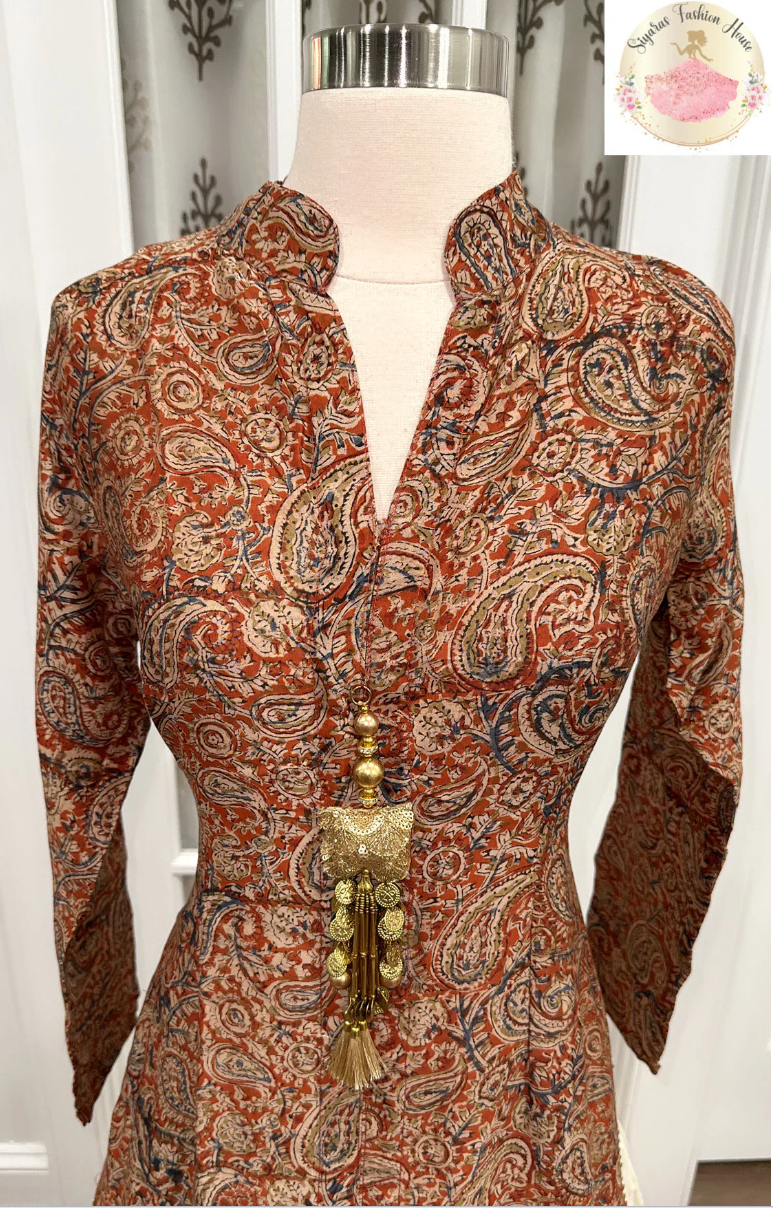 Designer Kalamkari Kurta with Long Inner gown in pure cotton for a smart look this summer Partywear dress and very soft and breezy in touch