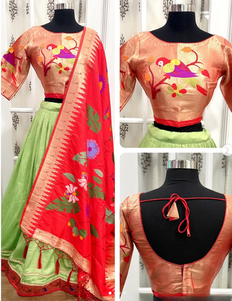 Exquisite Parrot Green Paithani Silk Lehenga Choli Set /Chaniya choli with Intricate Weaving - Custom Stitched, Size 38-42