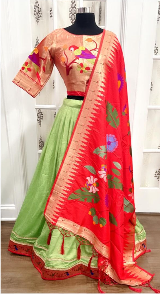Exquisite Parrot Green Paithani Silk Lehenga Choli Set /Chaniya choli with Intricate Weaving - Custom Stitched, Size 38-42