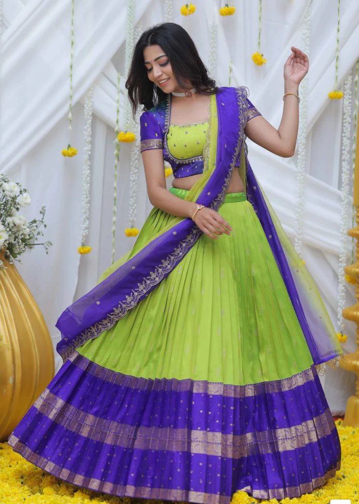 Trendy Lime and Blue combo Gadwal Silk Half saree for teens/adults with work blouse Half Saree. Size 38/40/42