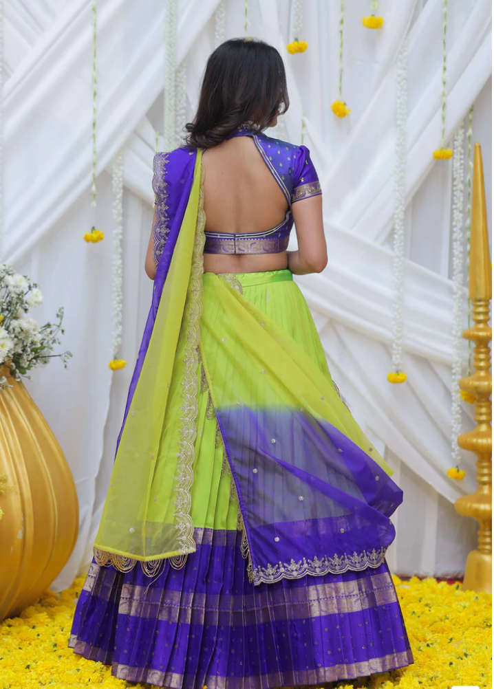 Trendy Lime and Blue combo Gadwal Silk Half saree for teens/adults with work blouse Half Saree. Size 38/40/42