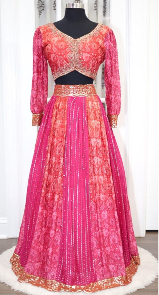 Elegant Georgette Sequin Lehenga Choli crafted in stunning red and pink hues kali design with work blouse organza dupatta wedding parytywear