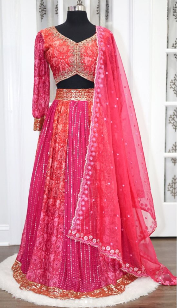 Elegant Georgette Sequin Lehenga Choli crafted in stunning red and pink hues kali design with work blouse organza dupatta wedding parytywear