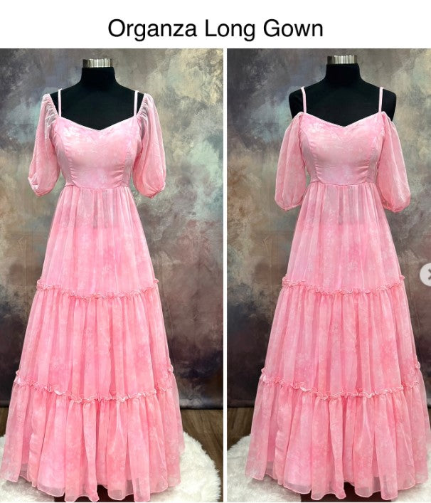 Elegant Tiered Long Gown in Baby Pink color Organza lightweight fabric with stylish neck design and sleeve avl in size 38 and 42