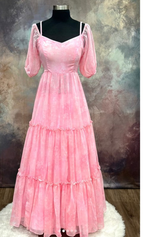 Elegant Tiered Long Gown in Baby Pink color Organza lightweight fabric with stylish neck design and sleeve avl in size 38 and 42