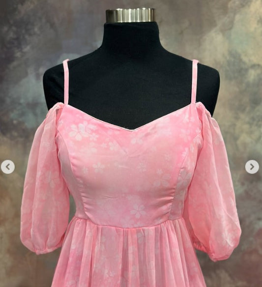 Elegant Tiered Long Gown in Baby Pink color Organza lightweight fabric with stylish neck design and sleeve avl in size 38 and 42