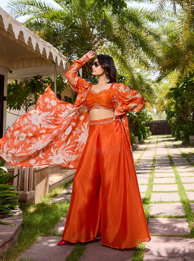 Elegant vibrant orange indowestern outfit jacket style crop top with divider pants with hand work premium silk size 42 Ready to ship USA