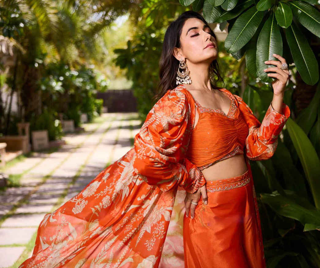 Elegant vibrant orange indowestern outfit jacket style crop top with divider pants with hand work premium silk size 36 ready to ship USA