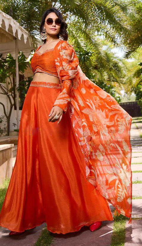 Elegant vibrant orange indowestern outfit jacket style crop top with divider pants with hand work premium silk size 36 ready to ship USA