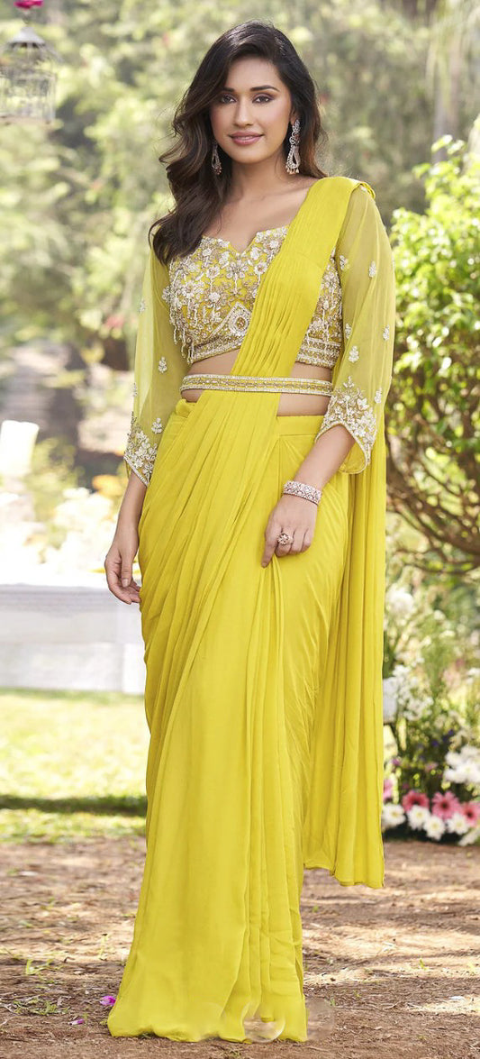 Beautiful Lemon Yellow Pre-Draped Lehanga/saree with Floral handwork Embroidery Size 40 | Handcrafted Sequin, Bead & Cut Dana Work | Festive Party Wear