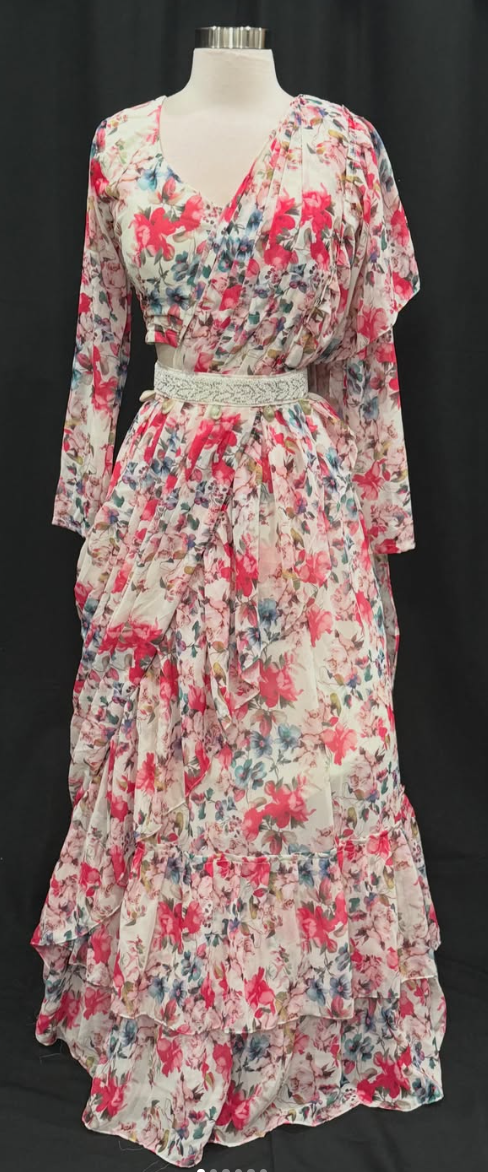 Tiered floral Georgette drape style Lehanga with dreamy ruffles and elegant long sleeves and belt Size 38