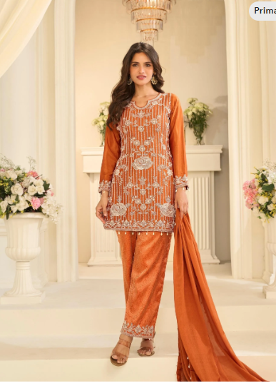 Beautiful viscose Jaquard Silk rust orange color Sharara size large 40 beads hand work Top wedding Partywear outfit