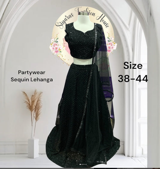 Beautiful Black Partywear Sequin Lehanga in Georgette fabric with net dupatta. Budget friendly price size 42 44 Ready to wear free ship USA