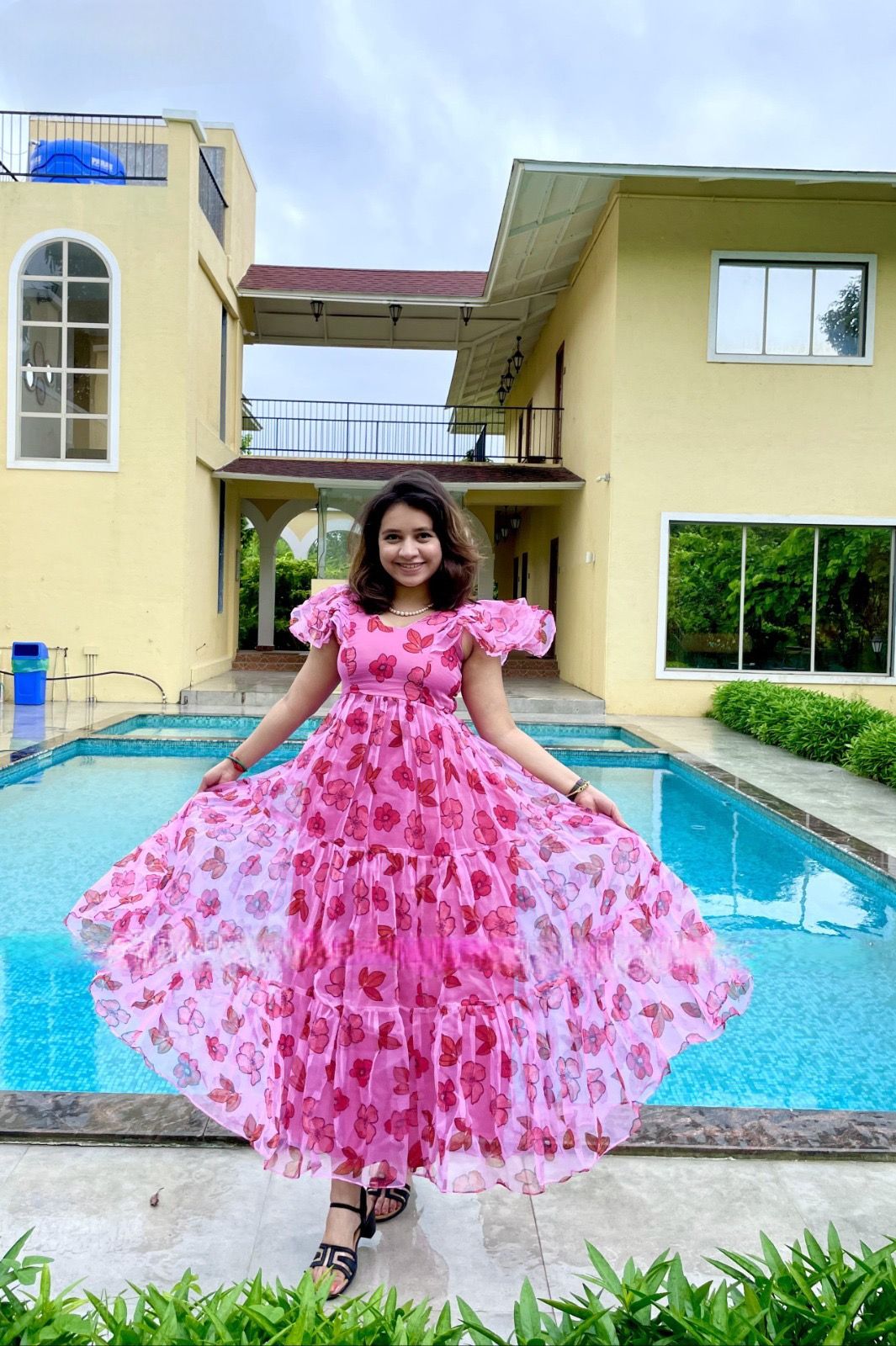 Beautiful Pink Partywear Organza Long gown floral print length 54 in Long Maxi gown for the flowy look ready to ship