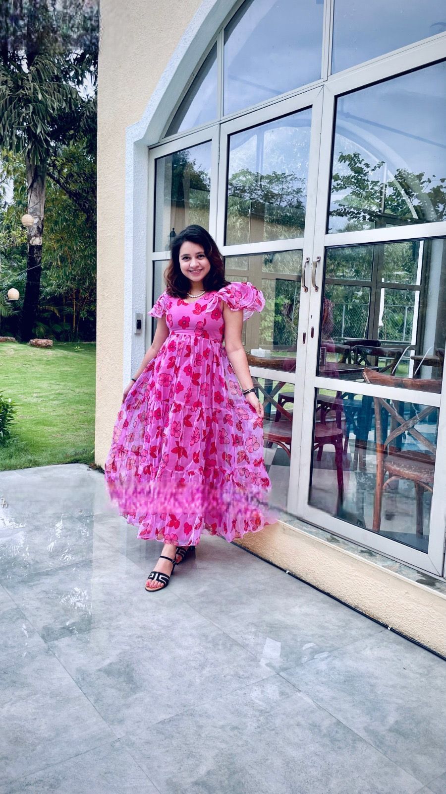 Beautiful Pink Partywear Organza Long gown floral print length 54 in Long Maxi gown for the flowy look ready to ship