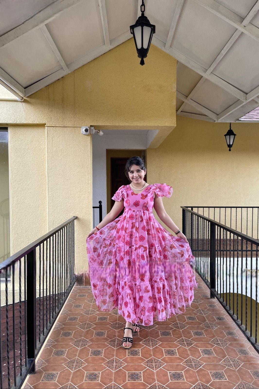 Beautiful Pink Partywear Organza Long gown floral print length 54 in Long Maxi gown for the flowy look ready to ship