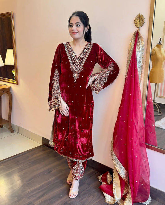Gorgeous Partywear Red Velvet Suit for Women size XL Punjabi Wedding Suit set /Pakistani suit set ready to ship XL size can extend upto 44