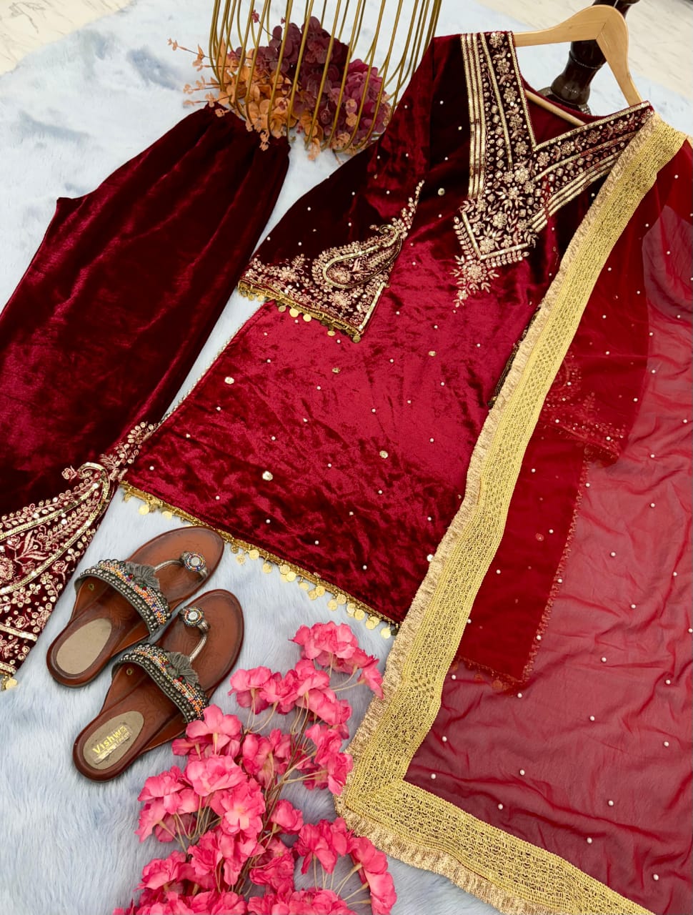 Gorgeous Partywear Red Velvet Suit for Women size XL Punjabi Wedding Suit set /Pakistani suit set ready to ship XL size can extend upto 44