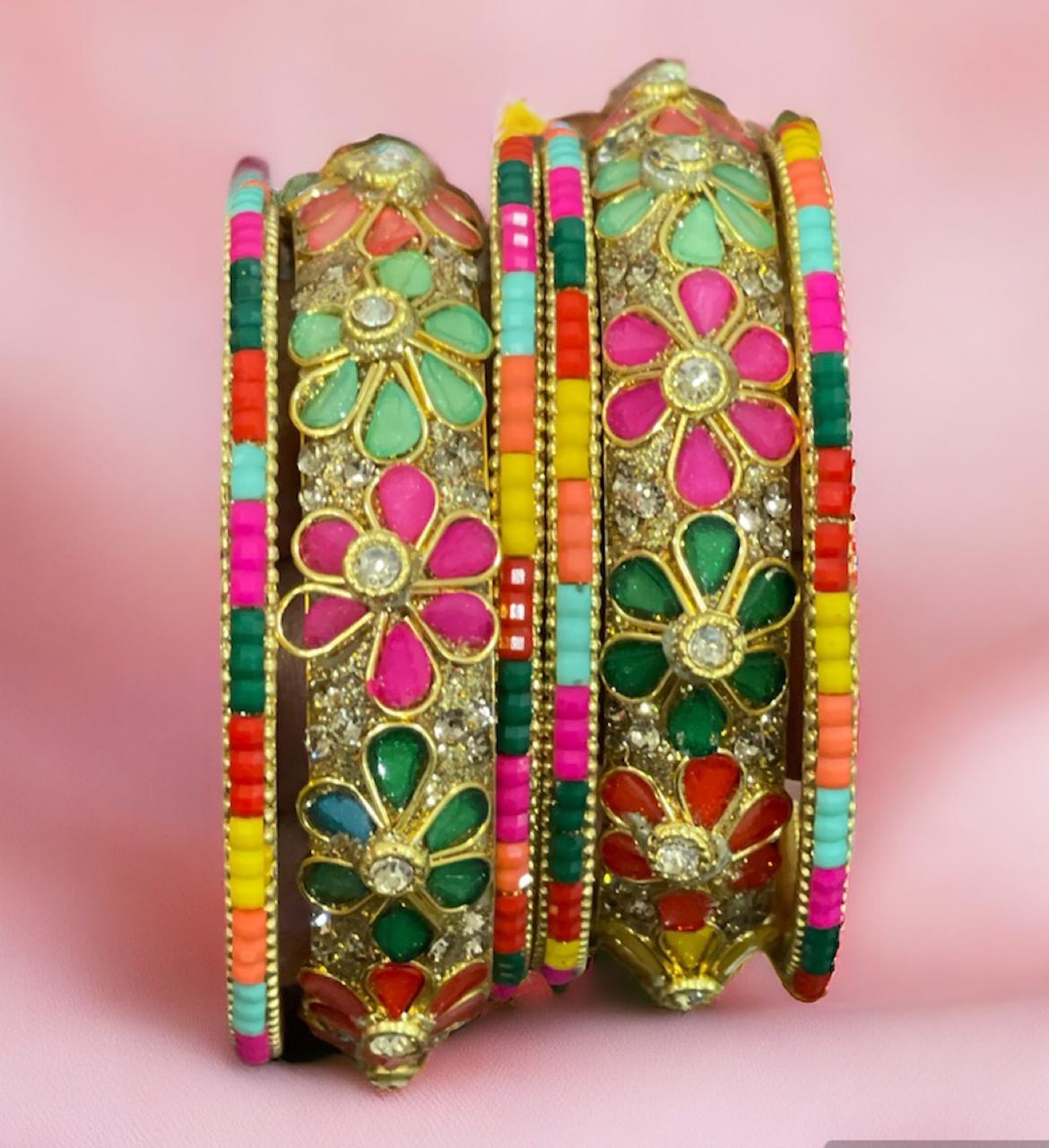 Beautiful Multicolor kundan bangles 2 sets (6 pcs total) size 2.4 suitable for Partywear Lehanga/Wedding Reception wear