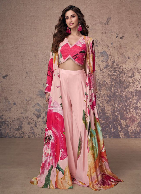 Beautiful Cocktail Pink Multicoloured Sequence Embroidery Jacket style Indo Western Croptop Palazzo Set