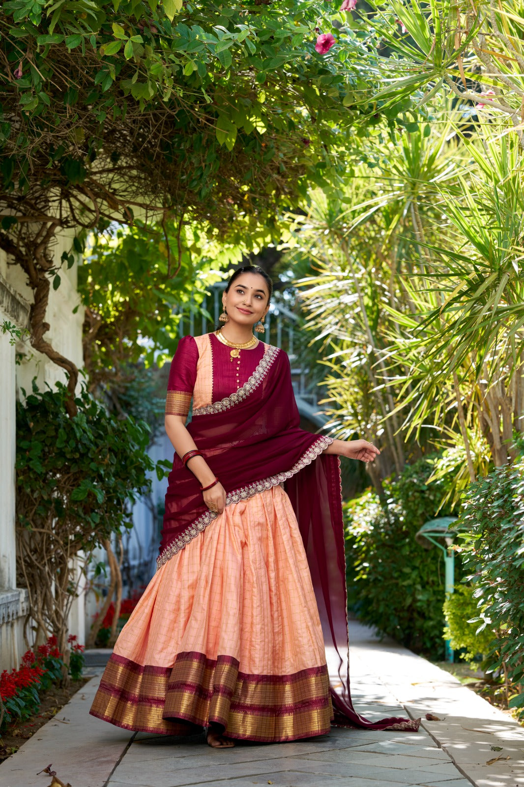 Traditional Handloom Half Saree Pastel colors Chex Design peach and red | Zari Weaving | Stitched Set | size 38 plus margin upto 42 ready to ship