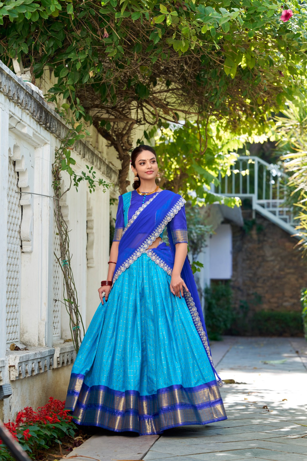 Traditional Handloom Half Saree Pastel colors Chex Design | Zari Weaving | Stitched Set | size 38 plus margin upto 42 ready to ship