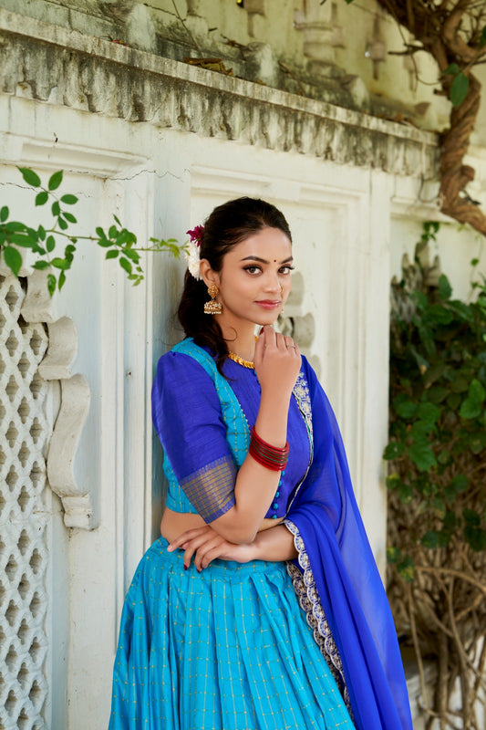 Traditional Handloom Half Saree Pastel colors Chex Design | Zari Weaving | Stitched Set | size 38 plus margin upto 42 ready to ship