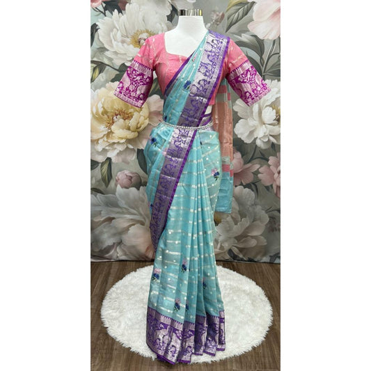 Beautiful zari kota Saree with stitched blouse size 38 to 44 shades of pink blue and purple