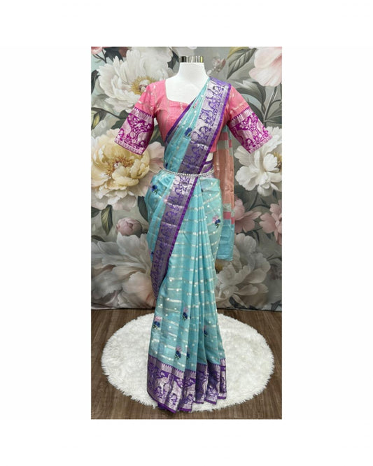 Beautiful zari kota Saree with stitched blouse size 38 to 44 shades of pink blue and purple
