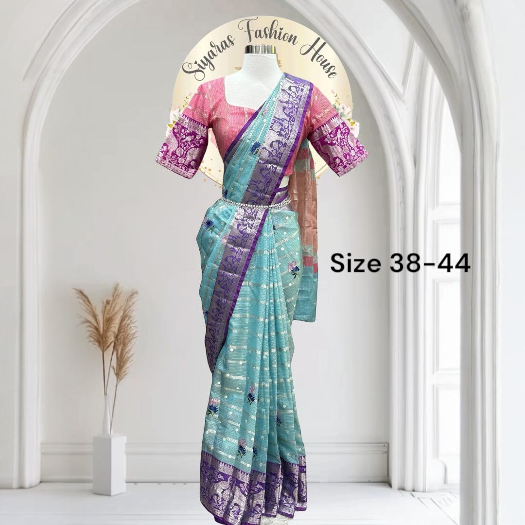 Beautiful zari kota Saree with stitched blouse size 38 to 44 shades of pink blue and purple