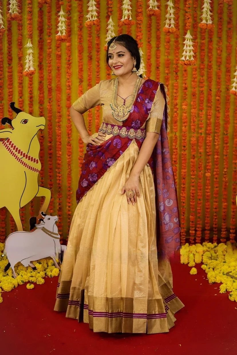 On Sale Traditional long gown With Golden Zari Border and Beautiful Tebi Silk Kalamkari Dupatta