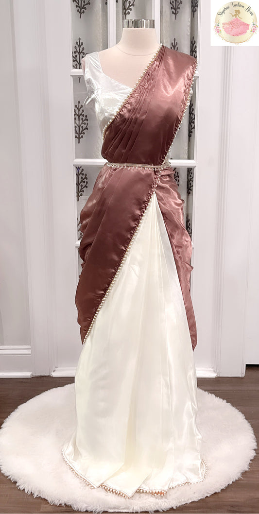 Heavy Satin Silk Saree in dark chestnut and Ivory hues with Moti lace border and metallic Blouse fully stitched standard size