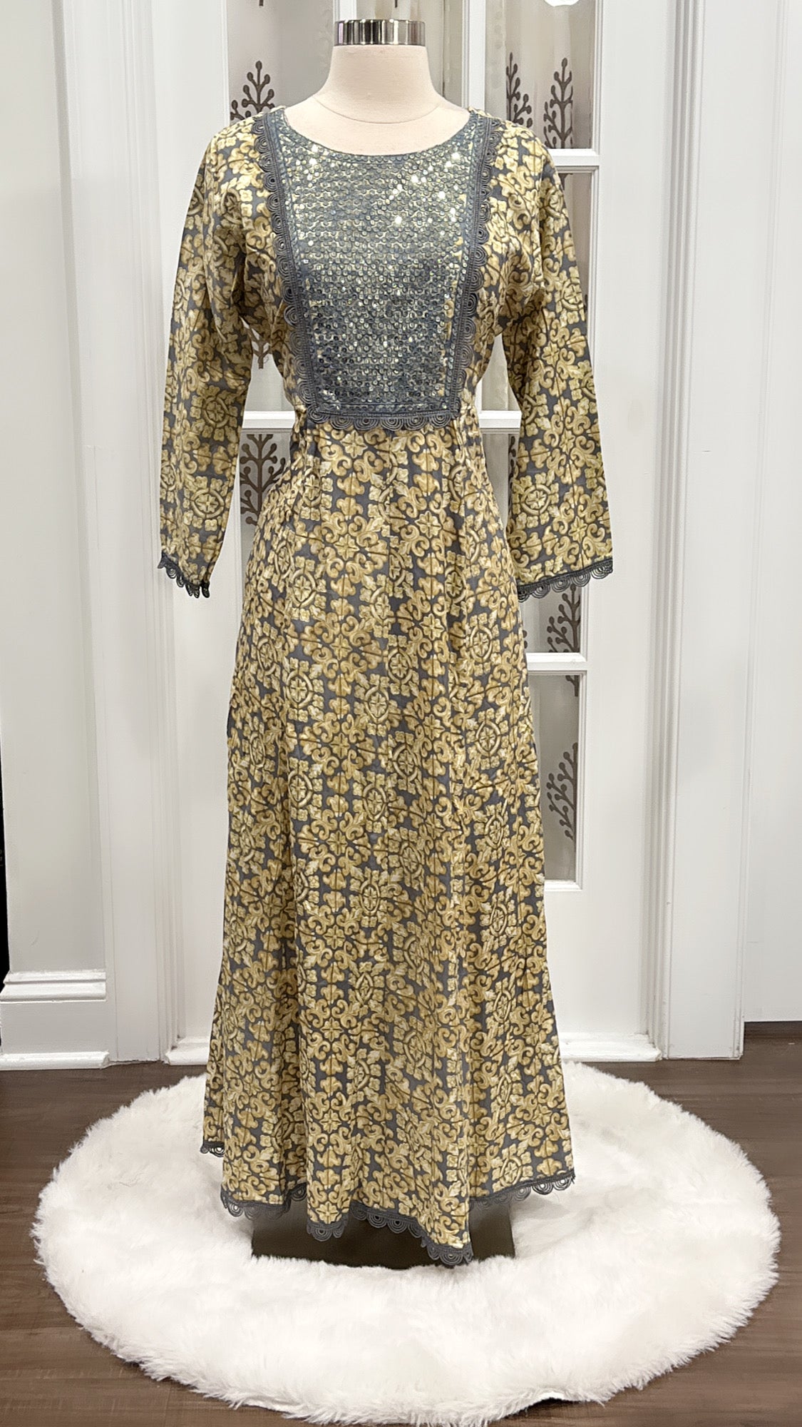 Chic long frock Comfortable summer maxi with print embroidery and sequence in yoke Ready to ship USA size 42