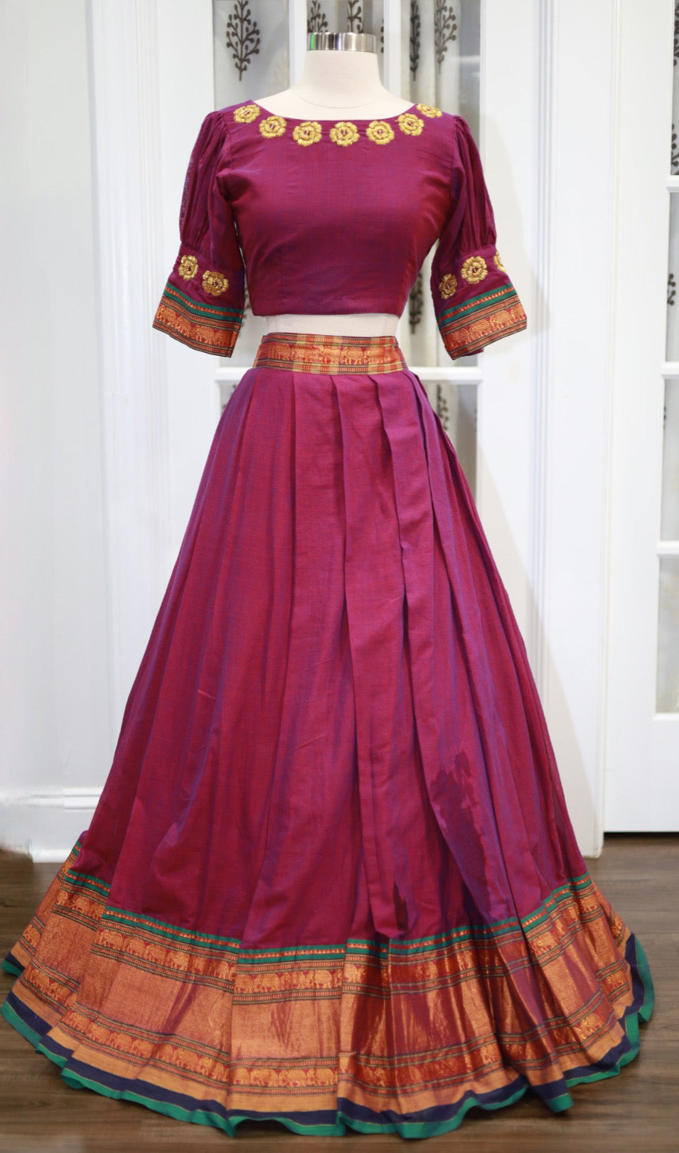 Raspberry color Narayanpet cotton half saree with Maggam work blouse stitched set