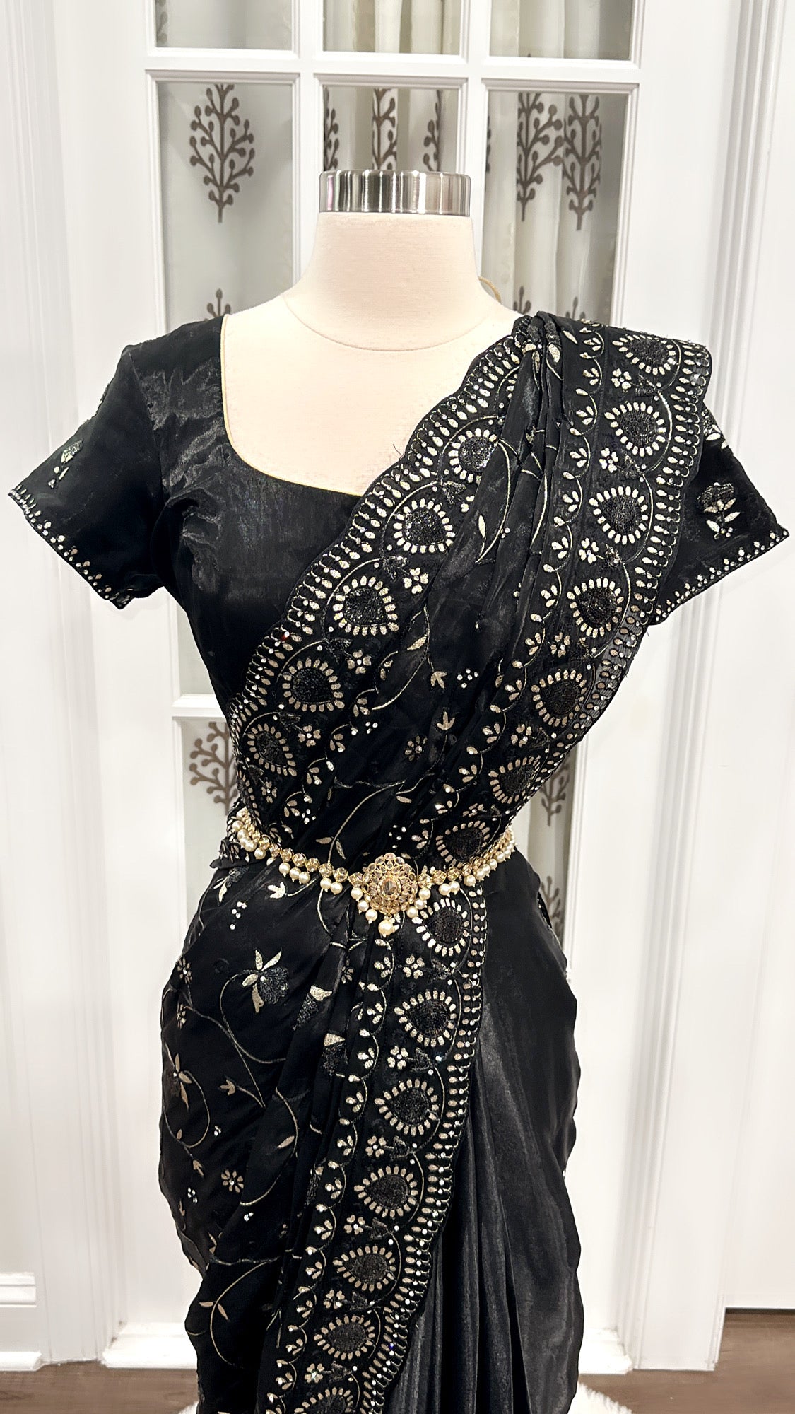 Dazzling Black color Partywear Saree with Pitta work with trendy blouse in premium organza fabrics Ready to ship from USA