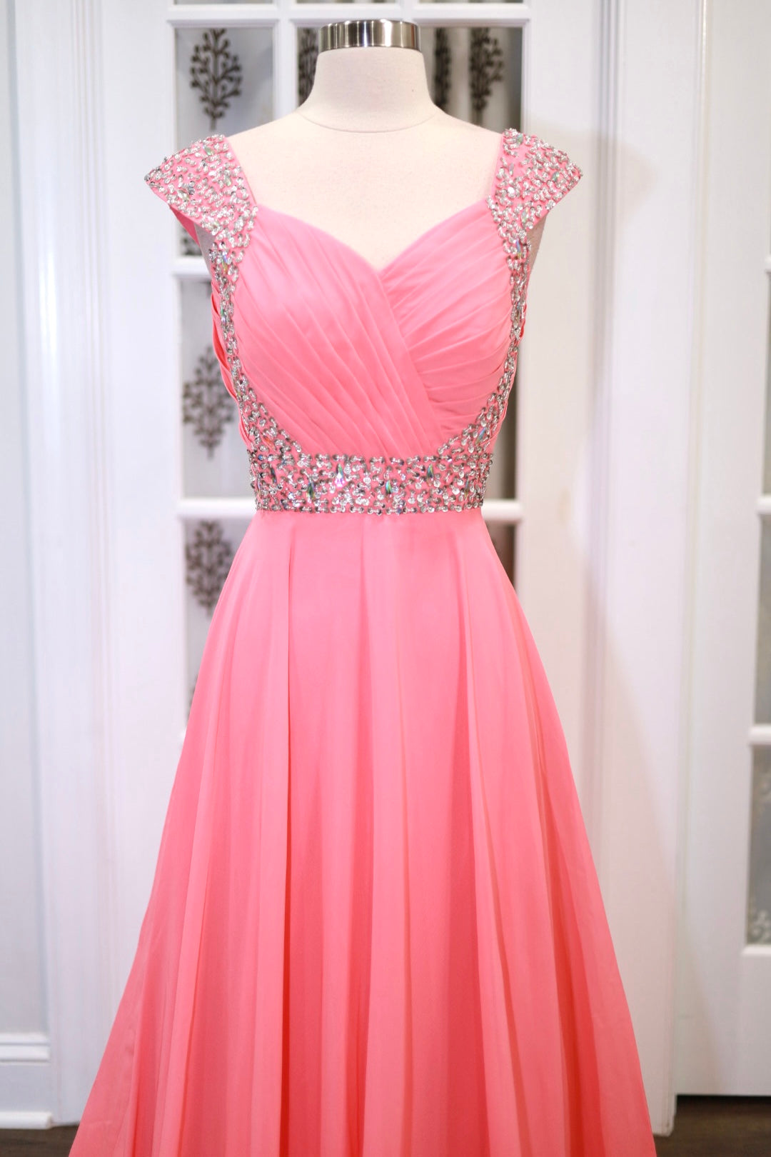 Pretty coral Prom Gown Flowy Floor Length A line with sequin and bead embellishments Ships from NcUsA