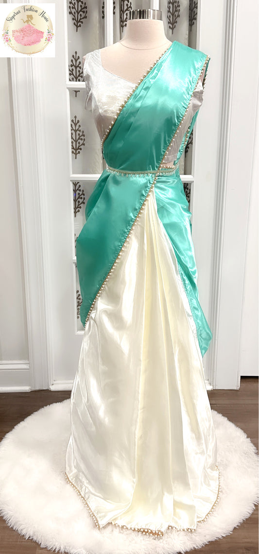 Heavy Satin Silk Saree in Mint and Ivory hues with Moti lace border and metallic Blouse fully stitched standard size