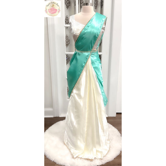Heavy Satin Silk Saree in Mint and Ivory hues with Moti lace border and metallic Blouse fully stitched standard size