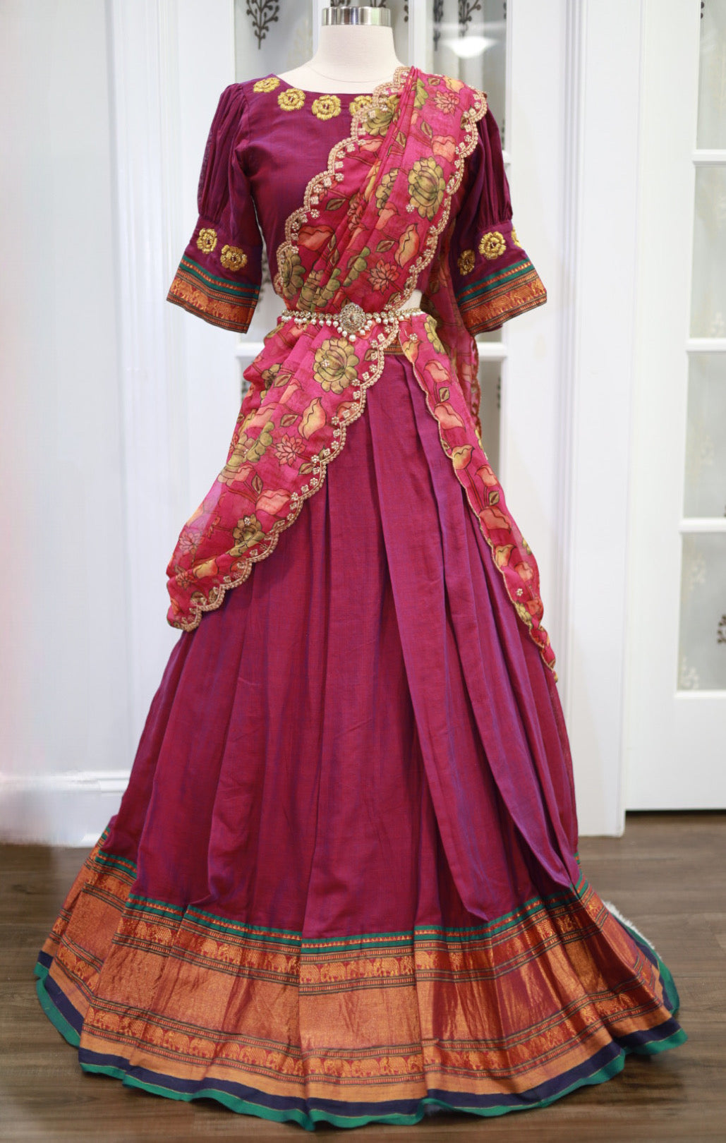 Raspberry color Narayanpet cotton half saree with Maggam work blouse stitched set